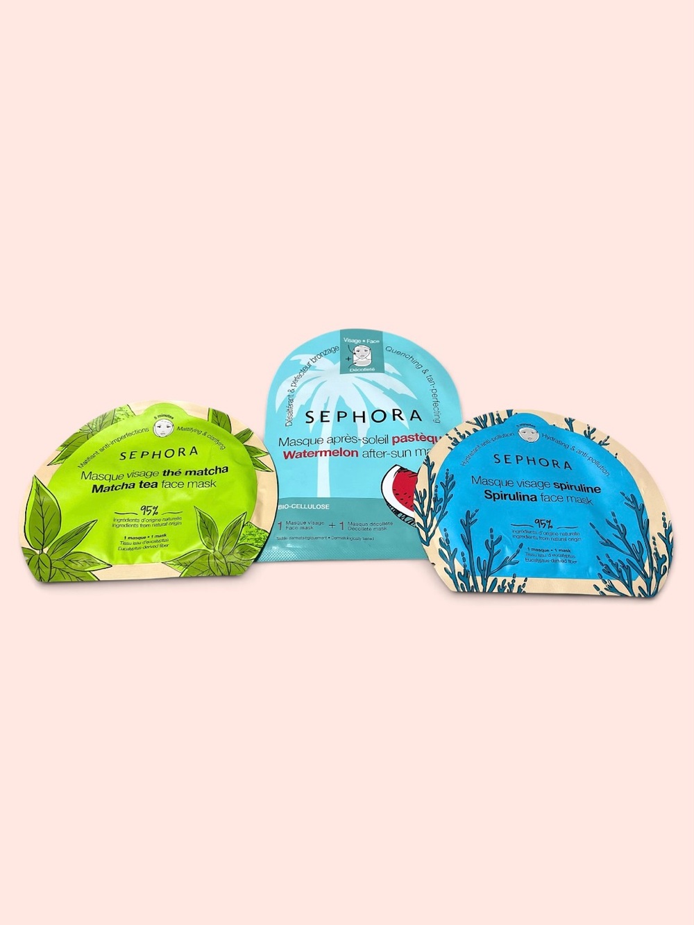 Set of 3 Sephora Face Masks - Matcha, Watermelon, Spirulina
